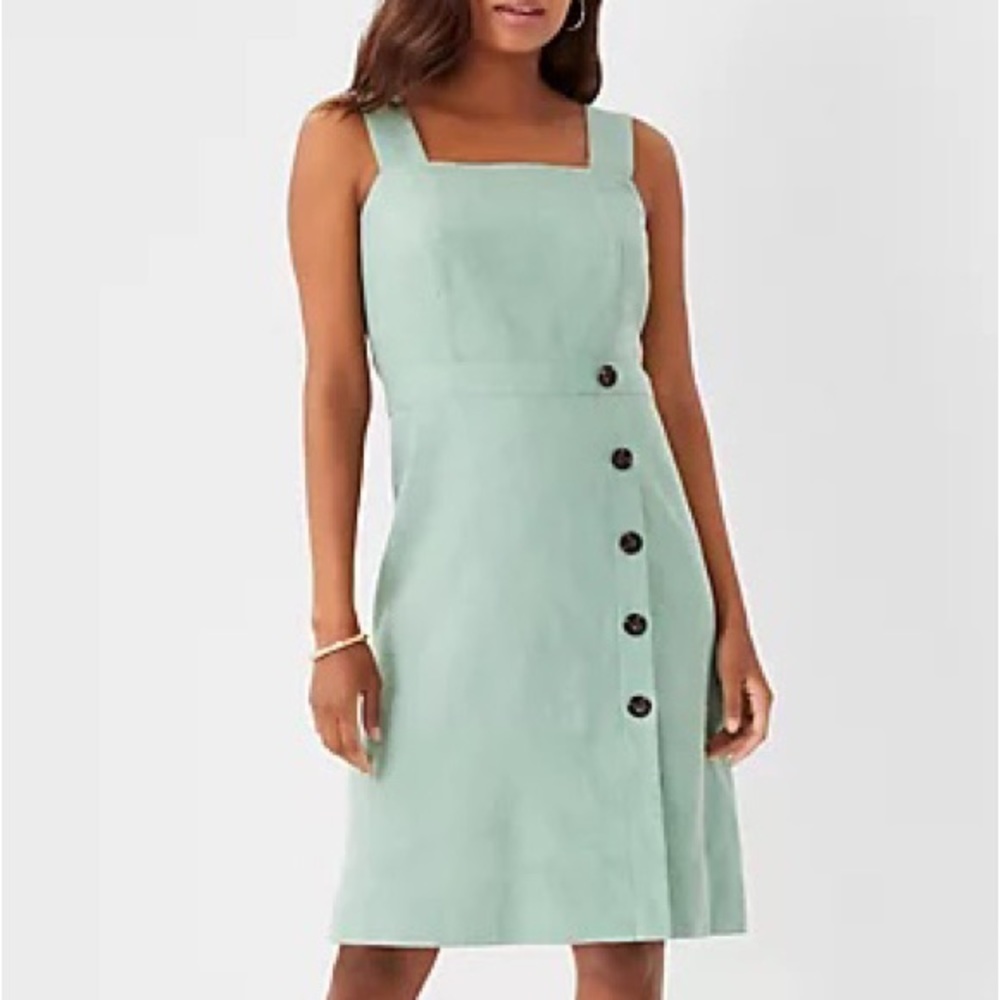Ann Taylor Mint Green Square Neck Button-Accent Linen Dress